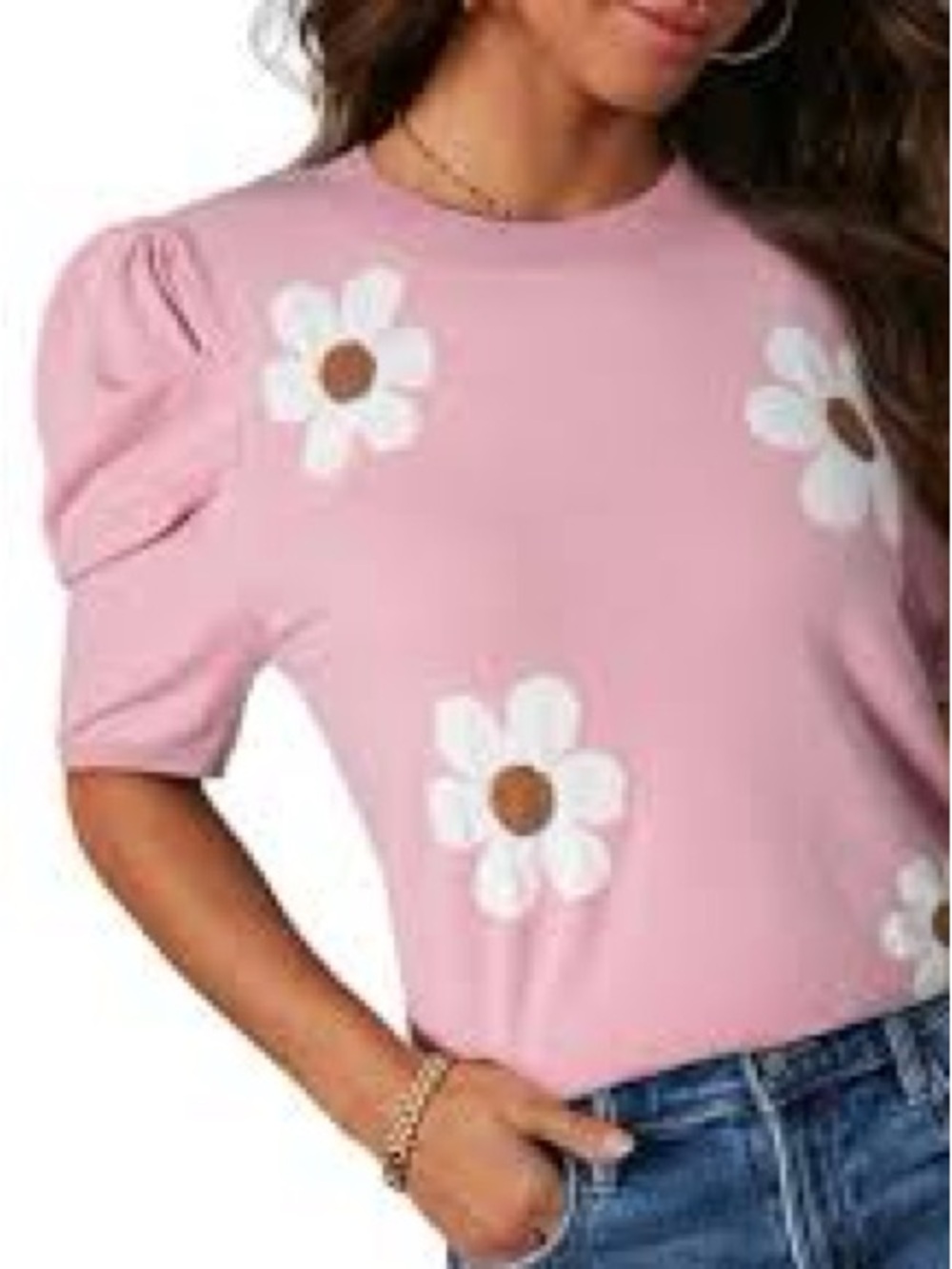 Women’s Pink Daisy Knit Scoop Neck Sweater